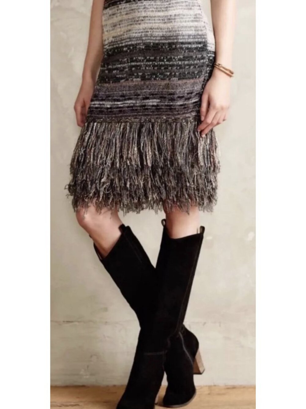 ANTHROPOLOGIE CECILIA PRADO Glinted Fringe Knit Skirt Metallic Small Boho Fall